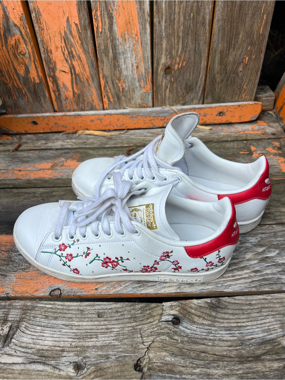 adidas White Sneakers with Red Heel and Pink Floral Embroidery size 6 1/2 38